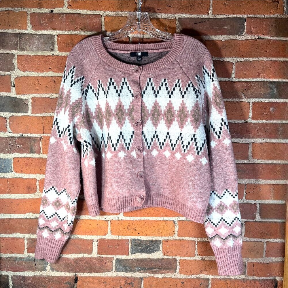 Frye Nordic Fair Isle Button-Up Cardigan Sweater Pink Size L